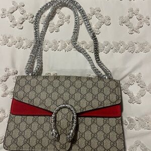 Nag Beige and Red Shoulder Bag with Silver Chain